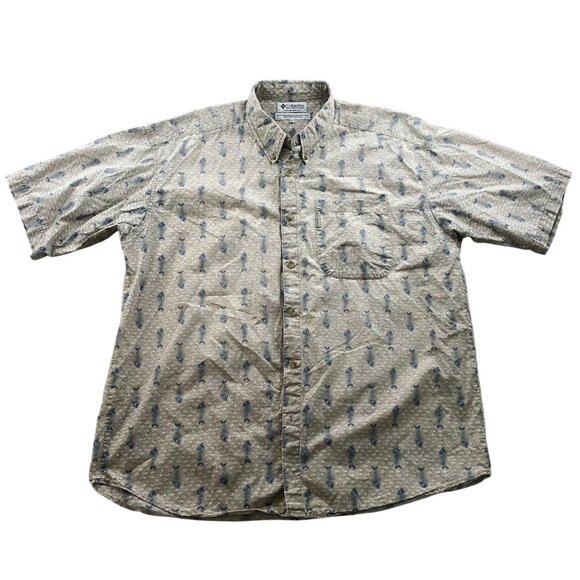 Columbia Men's Shirt Size XXL Short Sleeve Button Up Fish Bone Print Beige Casua - Picture 1 of 11